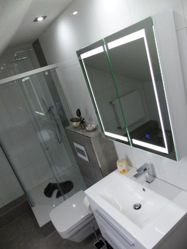 a bathroom with a sink and a shower and a mirror at Schöne komplette Ferienwohnung in Wesel in Wesel
