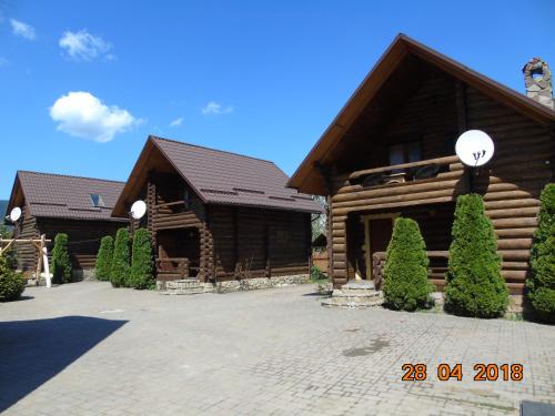 a log cabin with a driveway in front of it at Wood-House in Tatariv