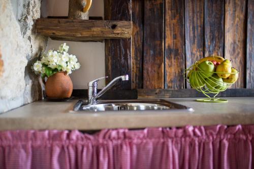 a kitchen counter with a sink and a bowl of fruit at The View Studio Moscenice in Mošćenice