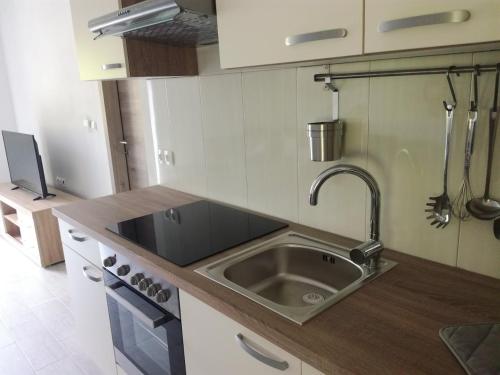 a kitchen with a sink and a stove at Apartma Logar in Kobarid