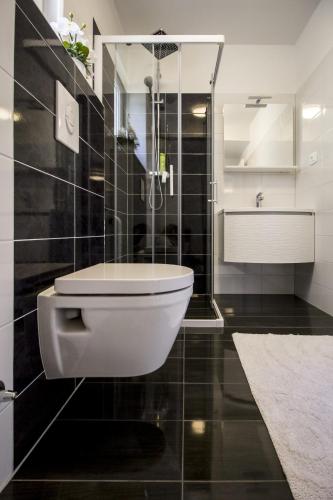 a bathroom with a toilet and a glass shower at Apartments Dvor - ap1, ap2, ap3 in Baška Voda