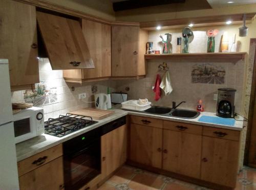 a kitchen with wooden cabinets and a stove top oven at Logîte Touristique Les 3 Loups in Châtenois