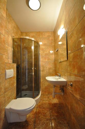 a bathroom with a toilet and a shower and a sink at Marcello Mielno in Mielno