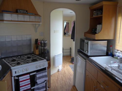 a kitchen with a stove and a sink at Mablethorpe L12 Caravan in Mablethorpe