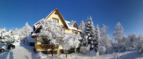 コシチェリスコにあるDom Gościnny Efkaの雪に覆われた家