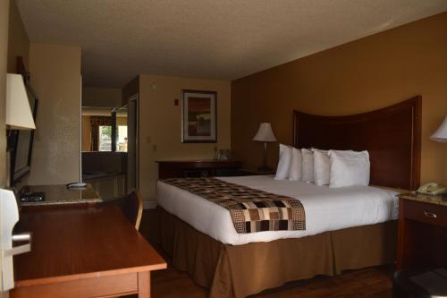 a hotel room with a large bed and a desk at Atkinson Inn & Suites in Lumberton