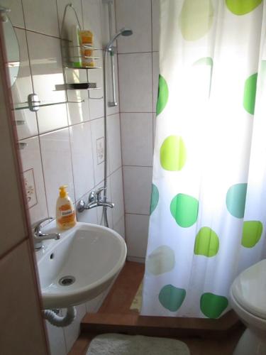 a bathroom with a sink and a shower curtain at Garden City Apartment in Cluj-Napoca