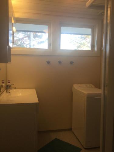 uma casa de banho com um lavatório, um WC e 2 janelas. em Kjekstadveien 22 Homborsund em Jordtveit
