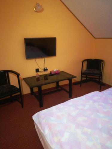 a bedroom with a bed and a table and a tv at Kőrös Hotel in Kiskőrös