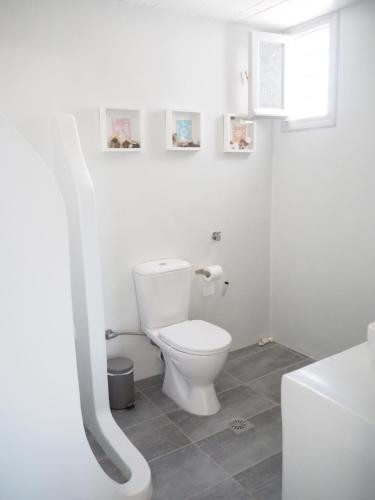 a white bathroom with a toilet and a window at Kea Villa Thea- Villa Ilios in Vourkarion