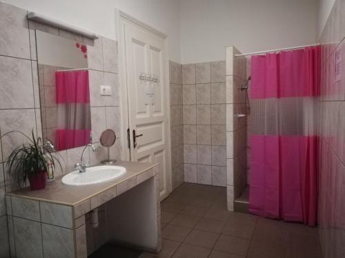ブダペストにあるBudapest Party Hostel at Udvaromのバスルーム(シンク、ピンクのカーテン付きシャワー付)