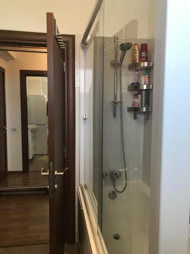 una ducha en un baño con puerta de cristal en Pipera Lake View by ACME RENT, en Bucarest