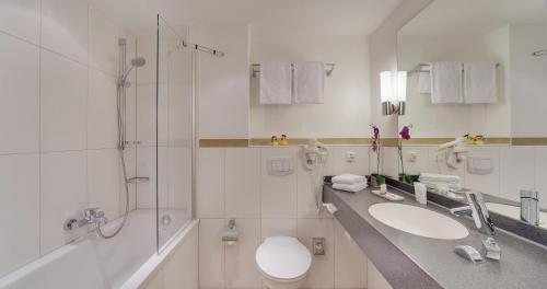 a bathroom with a toilet and a sink and a shower at Alpen Hotel München in Munich