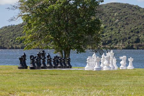 a giant chess set on a lawn next to a lake at VR Rotorua Lake Resort in Rotorua