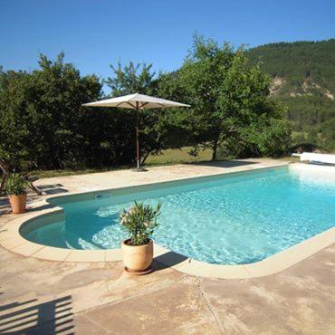 - une grande piscine avec un parasol dans la cour dans l'établissement Maison d'Hôtes La Honas, à La Rochette-du-Buis