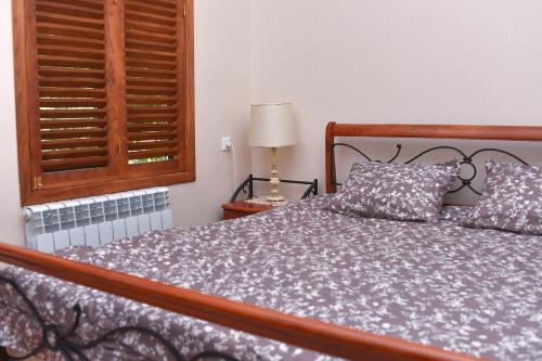 a bedroom with a bed and a lamp and a window at Sofia in Kutaisi