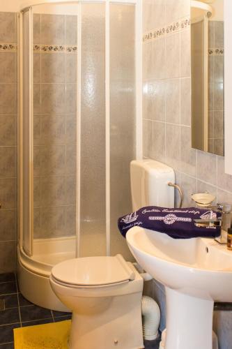 a bathroom with a toilet and a sink and a shower at Apartmani Danja in Kaštela