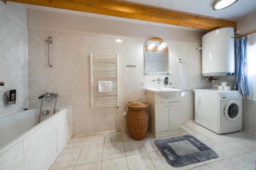 a bathroom with a tub sink and a washing machine at Valašské chalupy Resort in Velké Karlovice