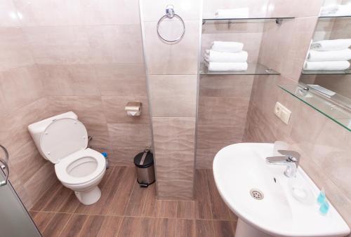 La salle de bains est pourvue de toilettes et d'un lavabo. dans l'établissement Hotel Amser, à Tbilissi