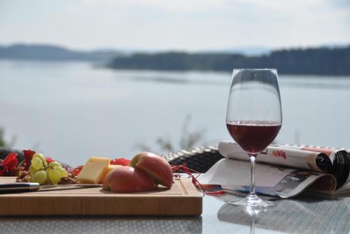 ホルニー・プラナーにあるResidence Jenišov 319 - Lipno Homeのワイン1杯(テーブルの上に座って食べ物を一皿)