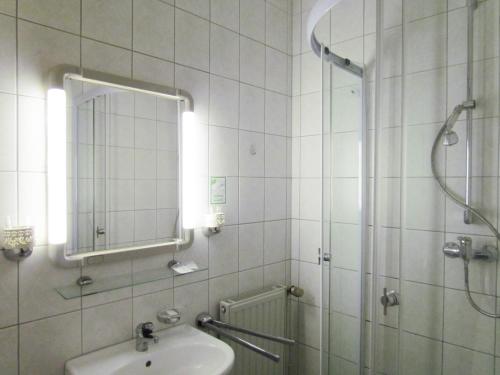 a bathroom with a shower and a sink and a mirror at Hotel Seeblick in Saalburg