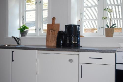 a kitchen counter with a coffee maker on it at Adventure Park Apartments in Ringkøbing