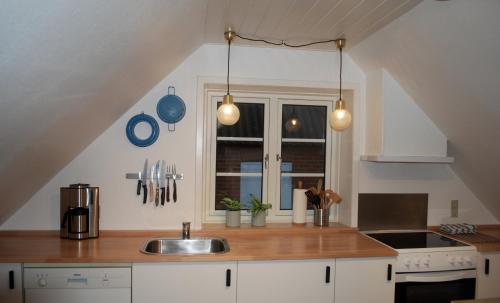 a kitchen with a sink and a counter top at Adventure Park Apartments in Ringkøbing