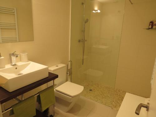 a bathroom with a sink and a toilet and a shower at Puig rom 106 in Roses