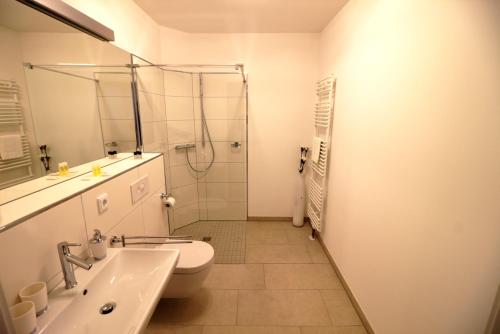 a bathroom with a shower and a toilet and a sink at Plenus Riverloft in Bremen