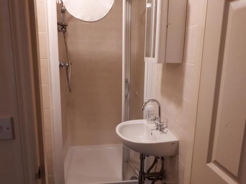La petite salle de bains est pourvue d'un lavabo et d'une douche. dans l'établissement Shamrock Guest House, à Gravesend