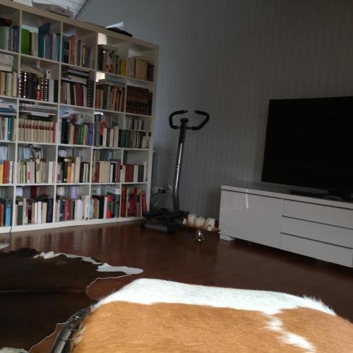 a living room with a television and book shelves at Ruheges Zimmer, 100 m zum See, Strandbad in Bottighofen