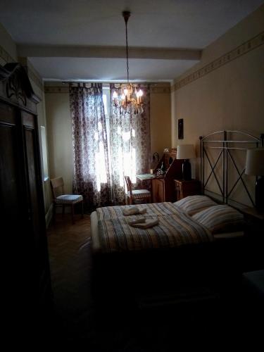 a bedroom with a bed with a chandelier and a table at Wohnen im Burghotel in Lorch am Rhein
