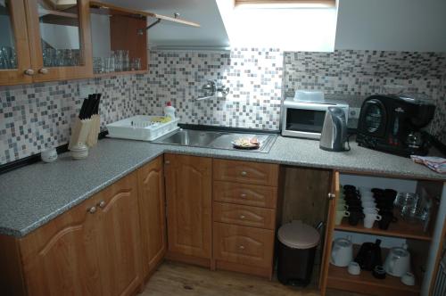 a kitchen with a sink and a microwave at Privát Nováč in Nové Město nad Metují
