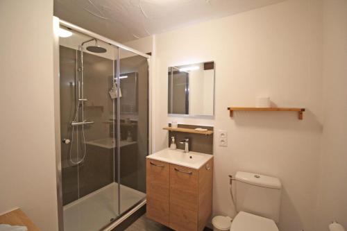a bathroom with a shower and a toilet and a sink at Chambres d'Hôtes La Chouette in Sainte-Anne-Saint-Priest