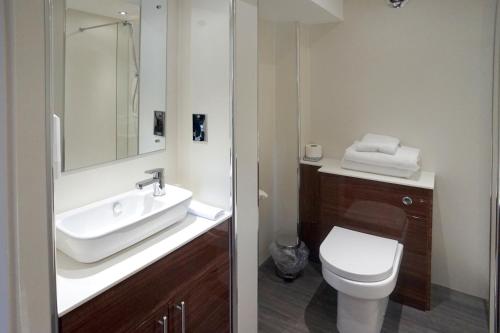 a bathroom with a white sink and a toilet at Damon’s Hotel in Lincoln