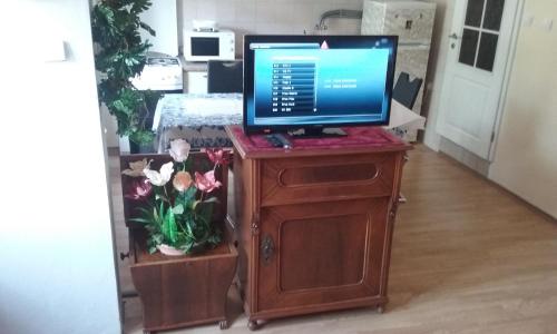 a computer monitor on top of a wooden desk at Apartment Villa Venezia in Perast