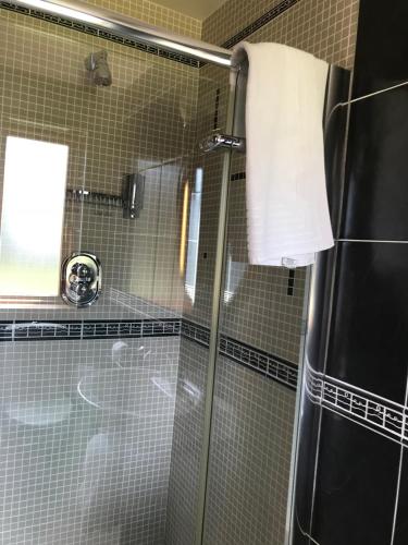 a shower with a glass door in a bathroom at Park View in Glenties