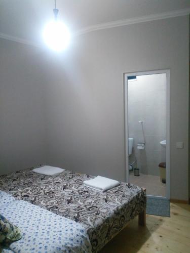 a bedroom with a bed with a mirror and a bathroom at guest house katia tbilisi in Tbilisi City