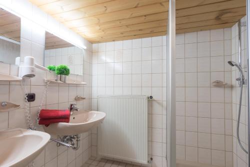 a bathroom with a sink and a shower at Cafe Christlessee in Oberstdorf