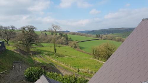 an aerial view of a field with trees and a house at LLety Cynin in Llangynin
