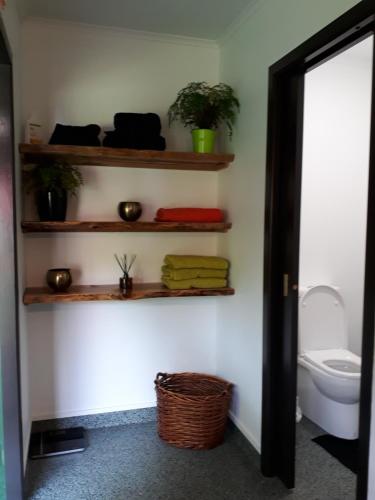 a bathroom with a toilet and shelves on the wall at Quirky Woods - Glamping Cabins at Maketu in Maketu