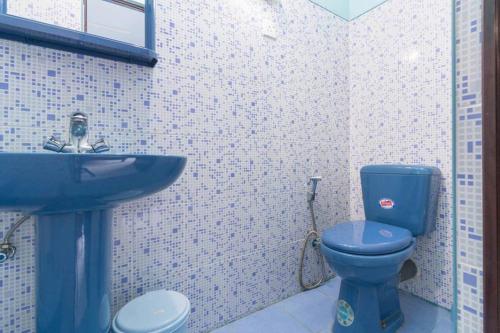 a bathroom with a blue toilet and a sink at Juliyanvilla in Kandy