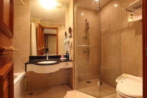a bathroom with a shower and a sink and a toilet at Karak Tourist Hotel in Seoul