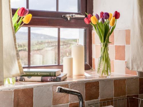 a window sill with books and candles and flowers at Shepherds' Retreat in Greencastle