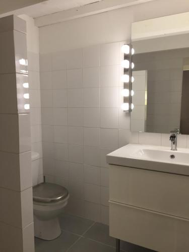 a bathroom with a toilet and a sink and a mirror at Domaine de Mont Redon in Le Puech