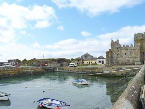 two boats in a river in front of a castle at Seascape in Fethard on Sea