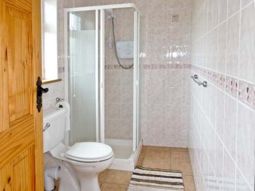 La salle de bains est pourvue d'une douche et de toilettes blanches. dans l'établissement Lully More Cottage, à Doochary