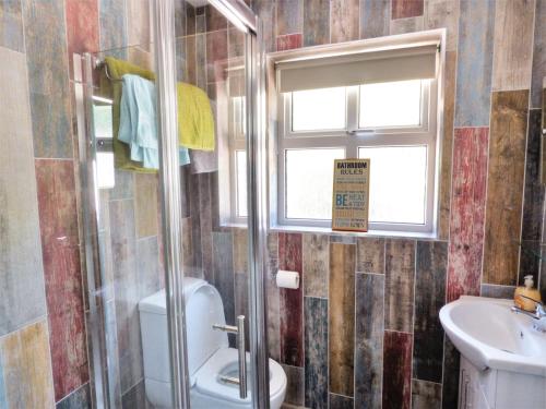 baño con aseo y lavabo y ventana en Hidden Gem Cottage, en Dungloe