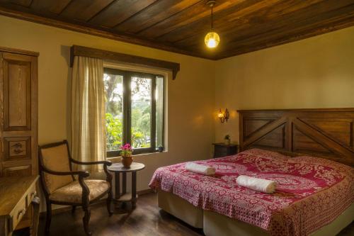 um quarto com uma cama, uma cadeira e uma janela em Elaia Hotel em Bergama