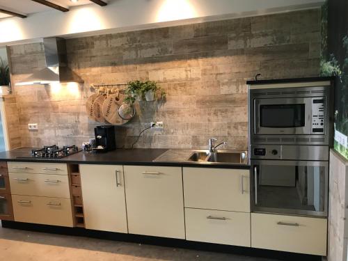 a kitchen with a sink and a microwave at Vijverhoef in Ulicoten